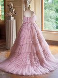 A-Line Spaghetti Strap Layers Tulle Long Party Dress, Pink Prom Dress Formal Gown HZ1024