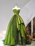 A-Line Strapless Green Satin Tulle Sweep Train Prom Evening Dresses HZ1024