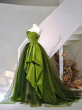 A-Line Strapless Green Satin Tulle Sweep Train Prom Evening Dresses HZ1024
