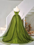 A-Line Strapless Green Satin Tulle Sweep Train Prom Evening Dresses HZ1024