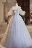 A-Line Tulle Floor Length Prom Dress, Off the Shoulder Blue Evening Party Dress HZ1024