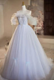 A-Line Tulle Floor Length Prom Dress, Off the Shoulder Blue Evening Party Dress HZ1024