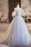 A-Line Tulle Floor Length Prom Dress, Off the Shoulder Blue Evening Party Dress HZ1024