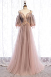 A-Line Tulle Long Prom Dresses, Lace Evening Dresses HZ1024