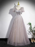A-Line Tulle Sequins Floor Length Prom Dress, Beautiful Short Sleeve Party Dress HZ1024