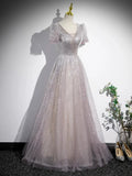 A-Line Tulle Sequins Floor Length Prom Dress, Beautiful Short Sleeve Party Dress HZ1024