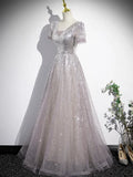 A-Line Tulle Sequins Floor Length Prom Dress, Beautiful Short Sleeve Party Dress HZ1024