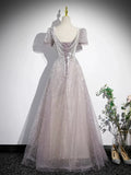A-Line Tulle Sequins Floor Length Prom Dress, Beautiful Short Sleeve Party Dress HZ1024