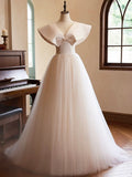 Beautiful Champagne Long Prom Dresses, A-Line Princess V-Neck Bow Sleeveless Backless Formal Dresses HZ1024