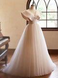 Beautiful Champagne Long Prom Dresses, A-Line Princess V-Neck Bow Sleeveless Backless Formal Dresses HZ1024
