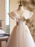 Beautiful Champagne Long Prom Dresses, A-Line Princess V-Neck Bow Sleeveless Backless Formal Dresses HZ1024