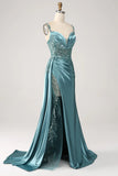 Mermaid V-Neck Satin Long Appliques Sequin Prom Dress With Slit HZ1024
