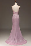 Glitter Blush Mermaid Spaghetti Straps Long Prom Dress with Beading HZ1024