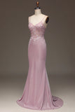 Glitter Blush Mermaid Spaghetti Straps Long Prom Dress with Beading HZ1024