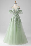 Sage A-Line Detachable Sleeves Long Corset Prom Dress with Flowers HZ1024