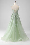 Sage A-Line Detachable Sleeves Long Corset Prom Dress with Flowers HZ1024