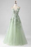 Sage A-Line Detachable Sleeves Long Corset Prom Dress with Flowers HZ1024