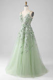 Sage A-Line Detachable Sleeves Long Corset Prom Dress with Flowers HZ1024