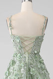 Sage A-Line Detachable Sleeves Long Corset Prom Dress with Flowers HZ1024