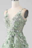 Sage A-Line Detachable Sleeves Long Corset Prom Dress with Flowers HZ1024