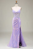 Sparkly Mermaid LighT Purple Corset Prom Dress with Slit HZ1024