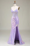 Sparkly Mermaid LighT Purple Corset Prom Dress with Slit HZ1024