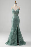 Spaghetti Staps Sparkly Grey Green Prom Dress with Beading HZ1024
