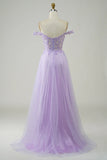 Purple Corset A-Line Long Tulle Prom Dress with Lace HZ1024