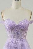 Purple Corset A-Line Long Tulle Prom Dress with Lace HZ1024