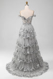 Off the Shoulder Grey Silver Sparkly Tiered Prom Dress with Slit HZ1024