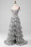Off the Shoulder Grey Silver Sparkly Tiered Prom Dress with Slit HZ1024
