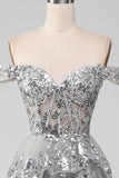 Off the Shoulder Grey Silver Sparkly Tiered Prom Dress with Slit HZ1024