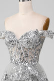 Off the Shoulder Grey Silver Sparkly Tiered Prom Dress with Slit HZ1024