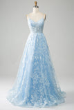 Sky Blue A-Line Spaghetti Straps Lace Long Corset Prom Dress HZ1024