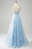 Sky Blue A-Line Spaghetti Straps Lace Long Corset Prom Dress HZ1024