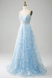 Sky Blue A-Line Spaghetti Straps Lace Long Corset Prom Dress HZ1024