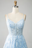 Sky Blue A-Line Spaghetti Straps Lace Long Corset Prom Dress HZ1024