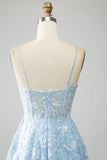 Sky Blue A-Line Spaghetti Straps Lace Long Corset Prom Dress HZ1024