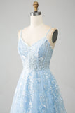 Sky Blue A-Line Spaghetti Straps Lace Long Corset Prom Dress HZ1024