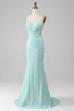 Sequins Light Green Sparkly Mermaid Prom Dress with Slit HZ1024