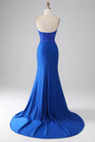 Royal Blue Mermaid Strapless Long Beaded Prom Dress With Appliques HZ1024