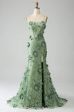 Mermaid Spaghetti Straps Green Corset Prom Dress with Appliques HZ1024