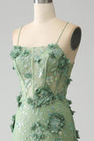 Mermaid Spaghetti Straps Green Corset Prom Dress with Appliques HZ1024