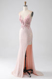 Glitter Pink Beaded Mermaid Prom Dress with Slit HZ1024