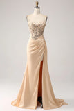 Elegant Champagne Mermaid Pleated Satin Prom Dress With Appliques HZ1024