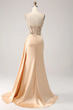 Elegant Champagne Mermaid Pleated Satin Prom Dress With Appliques HZ1024