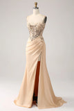 Elegant Champagne Mermaid Pleated Satin Prom Dress With Appliques HZ1024