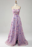 Light Purple A-Line Spaghetti Straps Long Prom Dress with Appliques HZ1024