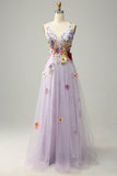A Line Deep V Neck Lavender Long Prom Dress with Appliques HZ1024