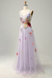 A Line Deep V Neck Lavender Long Prom Dress with Appliques HZ1024